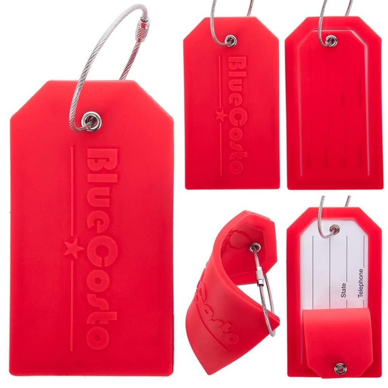 BlueCosto - Luggage Tags - Large, Red, 5 PK - PVC Suitcase Tags w/Privacy Cover & Stainless Steel Wire Loops - Personalized Baggage Identifiers for Travel - Backpack Name Labels - Image 1